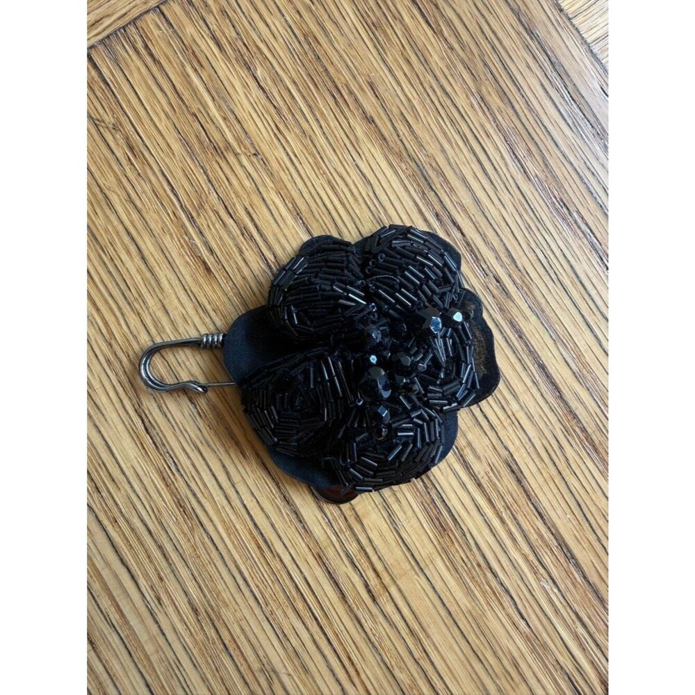 Prada Black Beaded Fabric Flower Brooch Pin, EUC